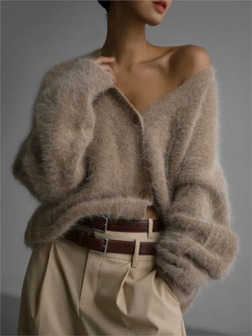 Getadme-Fashion New Knitted Angola Cardigan Women Luxe Mink Oversized Soft V-neck Long Sleeve Sweater Single Breasted Solid Knitwears